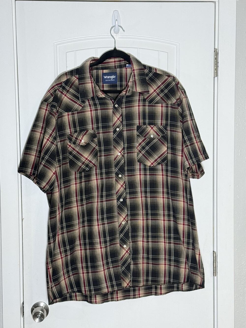 Wrangler Men Western Pearl Buttons Brown Plaid Shirt 2X Short Sleeve